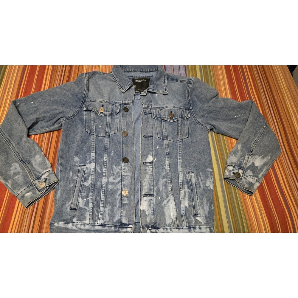 Reason Brand Mens Bleached Paint Splatter Denim Trucker Jacket Blue Medium